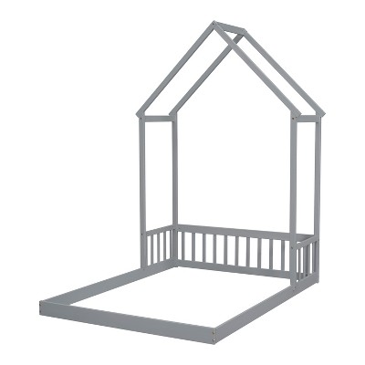 VYNXARIA Gray Full Sized All - Roof - Frame Floor Bed with Headboard Guardrail and No Slats