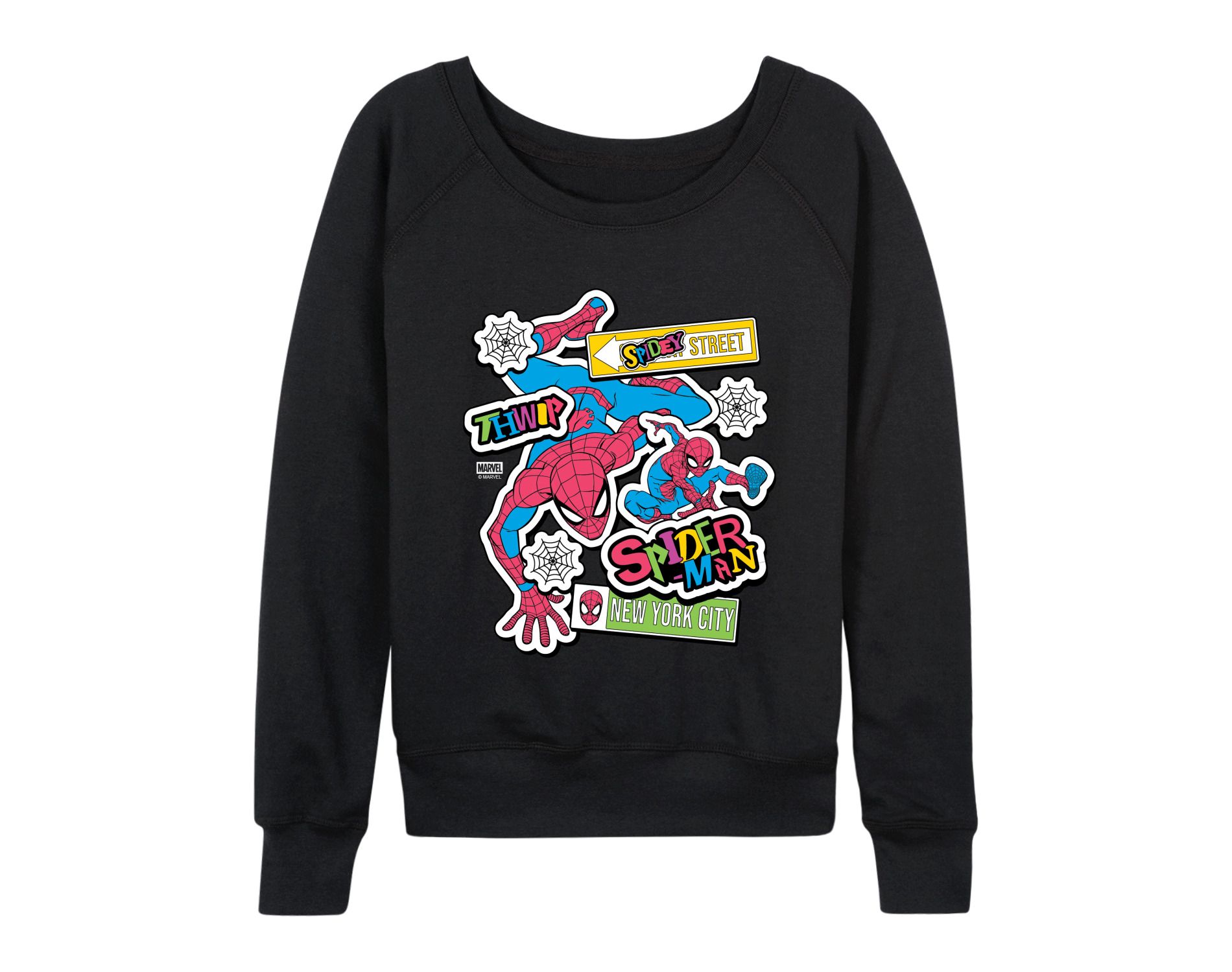 Women's Marvel Spidey Bright Stickers Lightweight French Terry Wide Neck Long Sleeve Graphic Shirt - Black - 3X