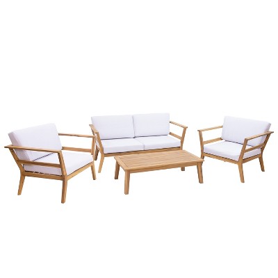 Sunnydaze Bodie Acacia Wood Patio Conversation Set with Loveseat, Armchairs, and Table - 4pc - Natural/Bone White