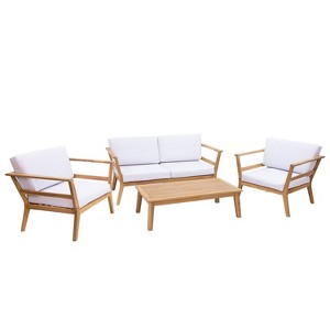 Sunnydaze Bodie Acacia Wood Patio Conversation Set with Loveseat, Armchairs, and Table - 4pc - Natural/Bone White - 1 of 4