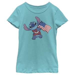 Girl's Lilo & Stitch Tropical American Flag T-Shirt - 1 of 4