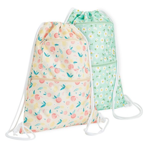 Zodaca 2 Pack Cinch Sack Drawstring Backpack for Beach Trips, Water  Resistant Gym Bag with Front Zipper Pockets for Yoga, 13 x 17 inch, Floral  Print