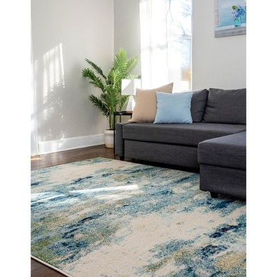 Luminous Light Blue Abstract Synthetic Indoor Rug, 10' 6" x 16' 5"