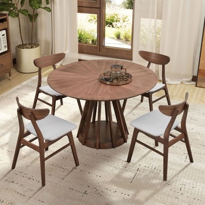 Chic Crate-Modern 5-Piece Patio Dining Set – Walnut Wood Table with Sturdy Legs & Upholstered Chairs for Living Room, Kitchen & Dining Room