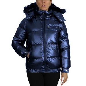 Spire By Galaxy Women's Full Zip Heavyweight Bubble Jacket With Detachable Faux Fur Hood - 1 of 4