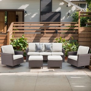 Buenhomino 5-Piece Outdoor Set – Sofa, 2 Swivel Chairs & 2 Ottomans, Handwoven Wicker, Steel Frame, Weather-Resistant Cushions for Patio - 1 of 4