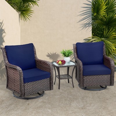 3 Pieces Patio Furniture Bistro Set, Outdoor Wicker Swivel Rocker,360 Degree Swivel Rocking Wicker Chairs w/Cushions,Side Table w/Armored Glass Top