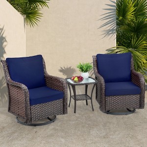 3 Pieces Patio Furniture Bistro Set, Outdoor Wicker Swivel Rocker,360 Degree Swivel Rocking Wicker Chairs w/Cushions,Side Table w/Armored Glass Top - 1 of 4