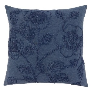 20"x20" Oversize Floral Design Stone Washed Poly Filled Square Throw Pillow Blue - Saro Lifestyle: Cotton, Indoor Decorative Cushion, Zippered - 1 of 3