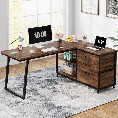 PAGED L-Shaped Computer Desk, Reversible Home Office Desk with 3 Drawers and Storage Shelves for Living Room