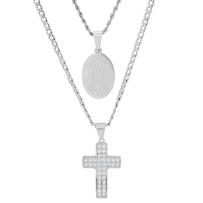 Steeltime Men's stainless steel and simulated diamonds double layered cross and our Lady of Guadalupe pendant. Color Options: Silver, Gold