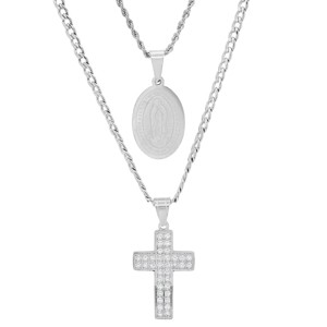 Steeltime Men's stainless steel and simulated diamonds double layered cross and our Lady of Guadalupe pendant. Color Options: Silver, Gold - 1 of 4