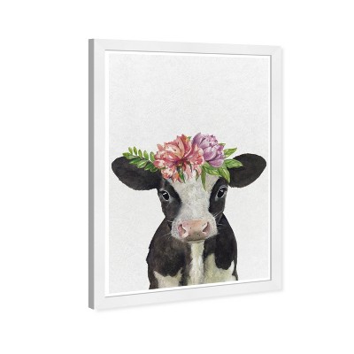 Gray and White Floral Cow Animals Framed Wall Art, 13" x 19"