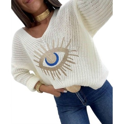 Women's V-neck Evil Eye Sweater - LOOWIE