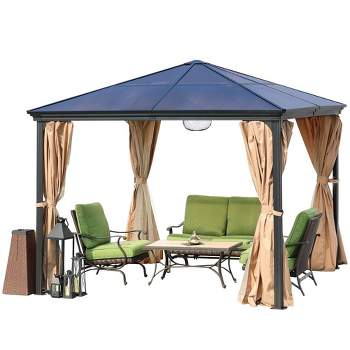 Aoodor 10 x 10 ft. Outdoor Aluminum Frame Polycarbonate Roof Gazebo, with Mosquito Netting and Curtains- Black