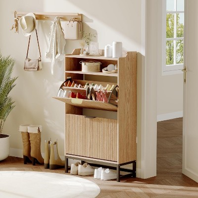 Fluted Shoe Cabinet with 2 Flip Drawers & Open Shelf, 44" Modern Entryway Storage Organizer, Wood Shoe Rack with Gold Handles for Hallway & Foyer
