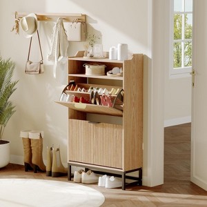 Fluted Shoe Cabinet with 2 Flip Drawers & Open Shelf, 44" Modern Entryway Storage Organizer, Wood Shoe Rack with Gold Handles for Hallway & Foyer - 1 of 4
