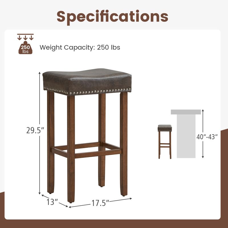 Coastway 29.5" Wood Frame PU Leather Upholstered Bar Stools Set of 2 with Footrests Brown/Grey, 3 of 8