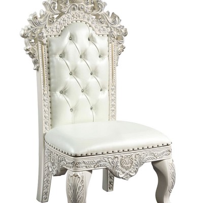 Antique White Tufted Faux Leather Ornate Side Chairs, Set of 2