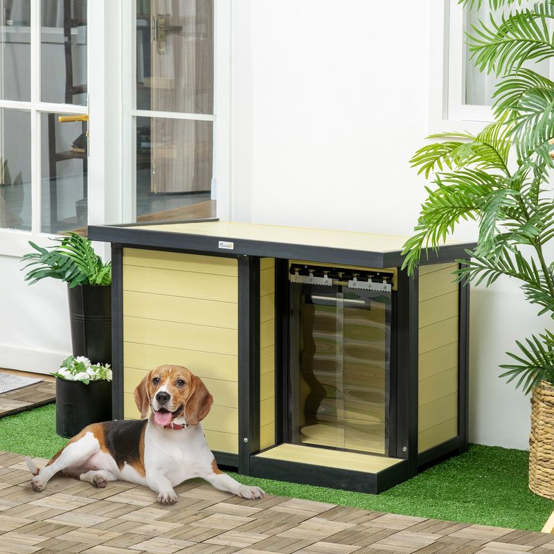 PawHut Dog House Outdoor, Cabin Style Pet Home Cottage, Weather Resistant, with Raised Feet, Terrace, Openable Top, for Medium Sized Dog, 3 of 7