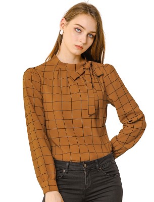 INSPIRE CHIC Women's Bow Tie Neck Keyhole Back Grid Checks Office Work Blouses
