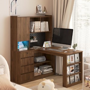 VYNXARIA L-Shaped Corner Desk with Storage Drawers & Bookshelf - Modern Home Office & Gaming Station - 1 of 4