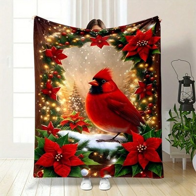 Cartoon Christmas Tree & Red Bird Print, All-Season Cozy Polyester Bedding, Ideal Gift for Family and Friends, Christmas Blanket.