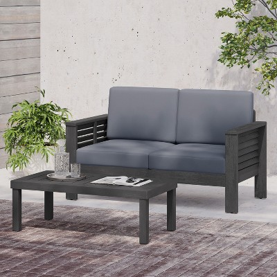 NicBex Outdoor Dining Table Set Wood/Glass Coffee Table & Loveseat with Cushion,Patio Furniture Set for Garden, Backyard, Porch