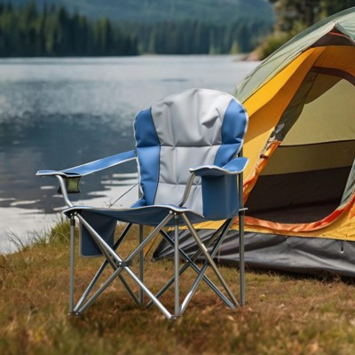 FURNIinspire Outdoor Portable Chairs Oversized Camping Folding Chair, Padded Chair With Cup Holder Storage, Cooler Bag, Blue , 25.19"*25.19"*42.12"