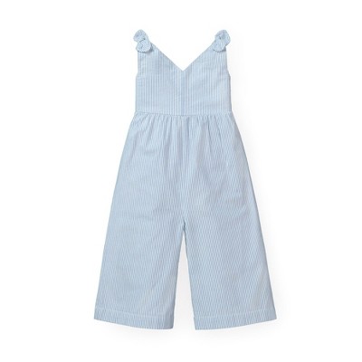 Image of Hope & Henry Girls' Bow Shoulder Jumpsuit (Blue Seersucker, 12-18 Months)