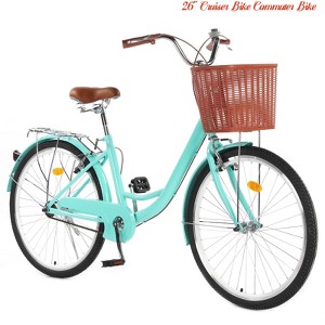 24" & 26" Cruiser Bike Commuter Bike Beach Cruiser w/ Ergonomic Upright Design, w/Basket & Adjustable Seat - 1 of 4