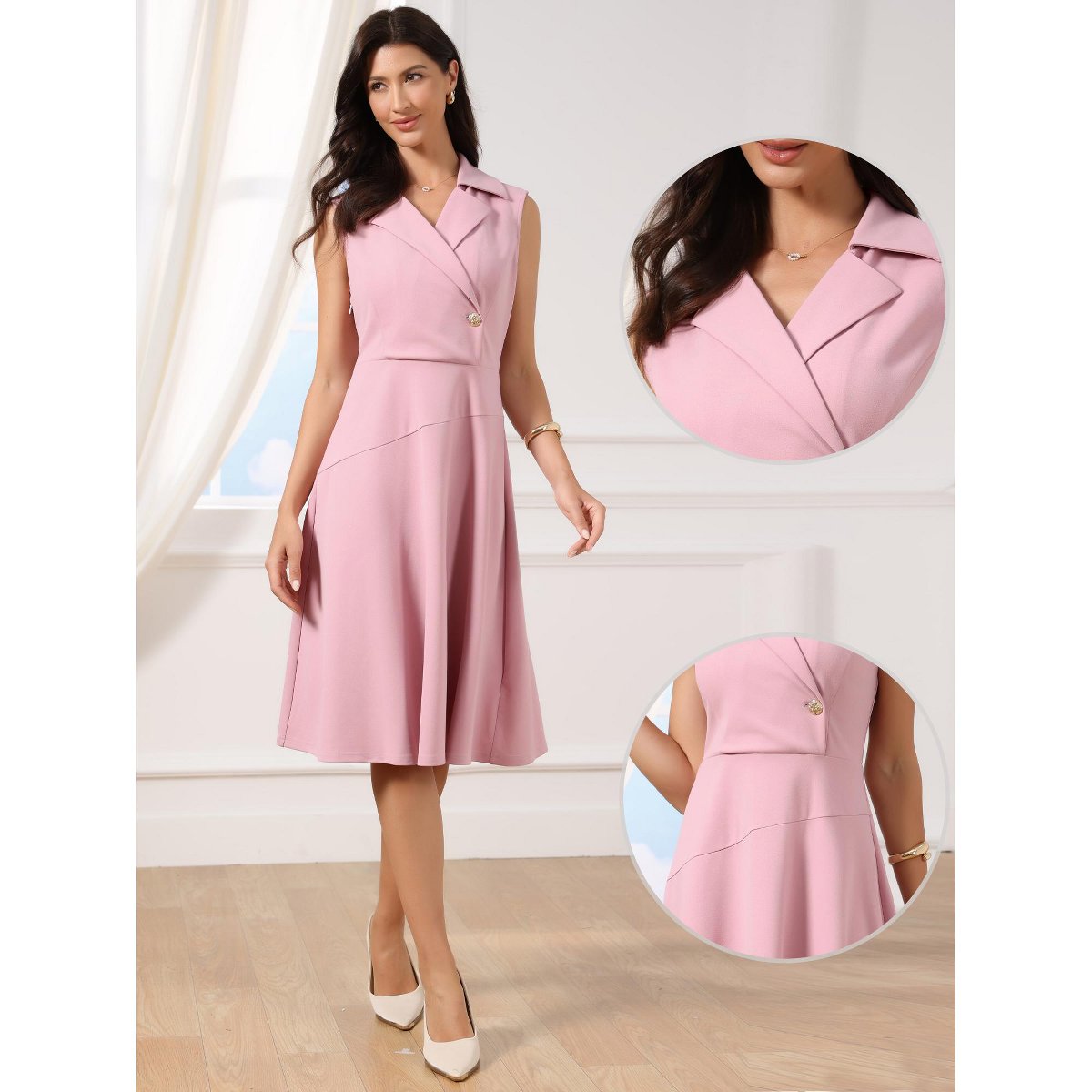Женские платья INSPIRE CHIC Women's Business Casual Notched Lapel Sleeveless Work A-Line Midi Dresses Small Pink — фото 3