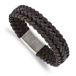 Black Bow Jewelry 17.5mm Stainless Steel Two Tone Brown Leather Braided Bracelet, 8.5 In - 1 of 4