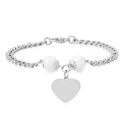 Steeltime Ladies stainless steel freshwater pearls and heart charm cuban link chain bracelet. Color Options: Silver, Gold