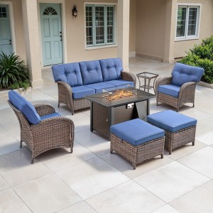 Belord Outdoor All Weather Wicker Patio Furniture Set, 7 Pieces Brown Wicker Patio Furniture Sofa Set with Propane Firepit Table - 1 of 4