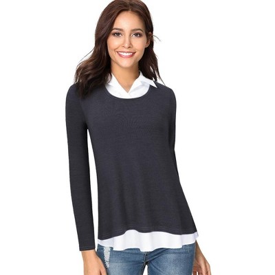 WhizMax Women's Long Sleeve Contrast Collared Shirts Patchwork Work Blouse Tunics Tops