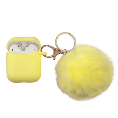 Insten Cute Case Compatible with AirPods 1 & 2 - Fluffy Pom Pom Protective Silicone Cover with Keychain, Yellow