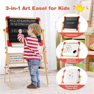 KTMBDW Kids Wooden Easel with Paper Roll - Adjustable Double Sided Drawing Board Whiteboard & Chalkboard Dry Easel Board, for 3~12 Years Kids - 1 of 4
