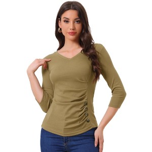 INSPIRE CHIC Women's V Neck 3/4 Sleeves Solid Knitted Buttons Decor Ruched Blouse - 1 of 4