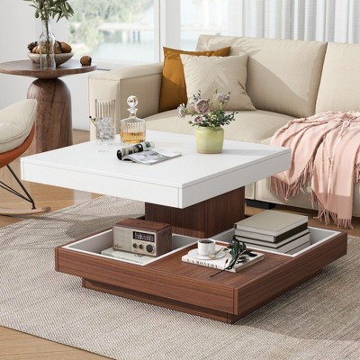 27.5" x 27.5" Modern Square 360° Rotating Coffee Table, with Three Detachable Tray & Storage, 2-Tier Farmhouse Center Table, for Living Room