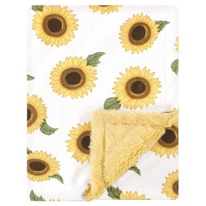 Hudson Baby Infant Girl Plush Blanket with Furry Binding and Back, Sunflower, One Size - 1 of 2