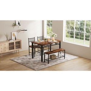 47" Modern Farmhouse Dining Table Set for 4, Includes Bench & Chairs, Metal Frame with Storage Shelf, Space-Saving Design for Kitchen, Dining Room - 1 of 4