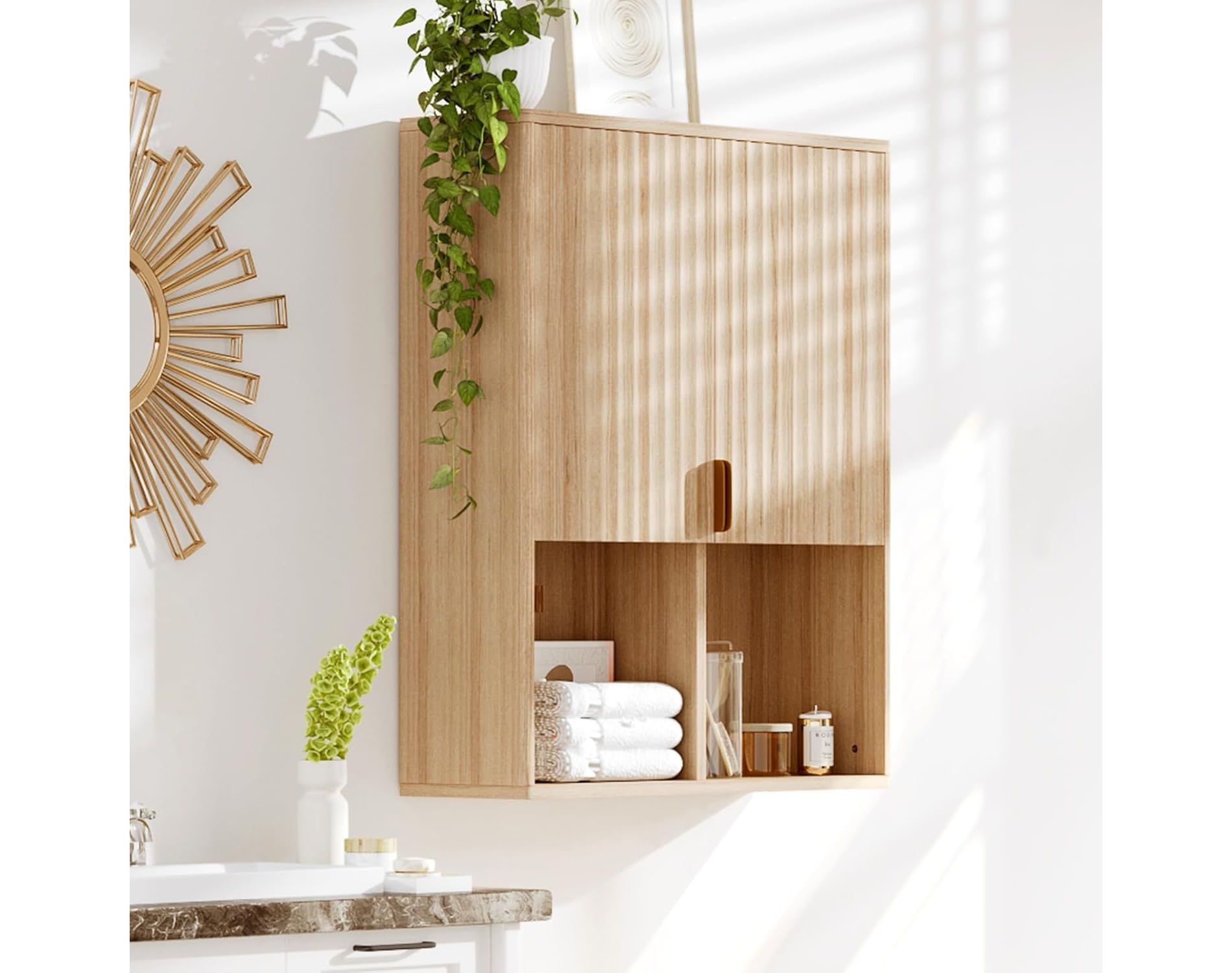Acekool Fluted Bathroom Wall Cabinet 23"x29" Over Toilet Organizer, Adjustable Shelf, Quiet Hinges, Modern Medicine Cabinet, Natural Wood Look