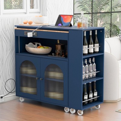 VYNXARIA Rolling Kitchen Island With Extended Table, 2 Fluted Glass Doors, Kitchen Island with a Storage Compartment and Side 3 Open Shelves,Navy