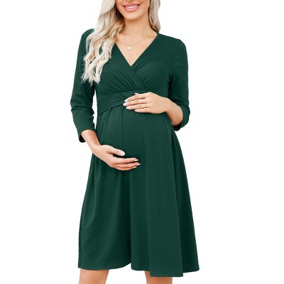 Women's Maternity Dress 3/4 Sleeve V Neck Nursing Dresses Casual A Line Ruffle Party Midi Dress