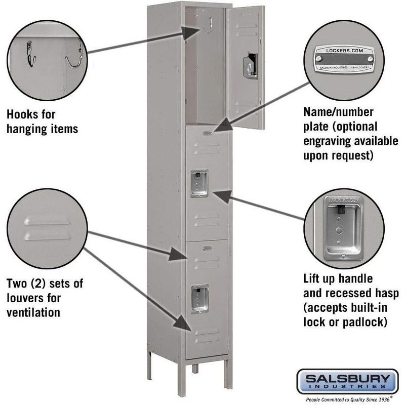 Salsbury Industries Assembled 3-Tier Standard Metal Locker with One Wide Storage Unit, 6-Feet High by 12-Inch Deep, Gray, 2 of 4