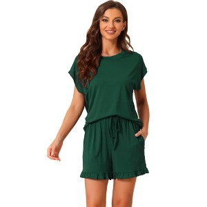 cheibear Women's Summer Soft Short Sleeves Tops with Ruffle Shorts Lounge Pajamas Sets - 1 of 4