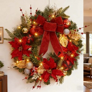 24 Inch Lighted Christmas Wreath for Front Door with Red Berries, Flowers, Decorative Balls, Battery Operated for Indoor Outdoor Decoration - 1 of 4
