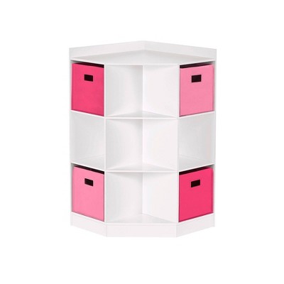 RiverRidge Kids' Corner Playroom Cabinet with 6 Toy Storage Cubbies and 3 Angled Shelves with 4 Fabric Bins