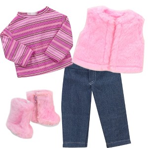 Sophia's - 18 inches Doll - Jeans, Stripe T, Fur Vest & Fur Boots Set - Light Pink - 1 of 3